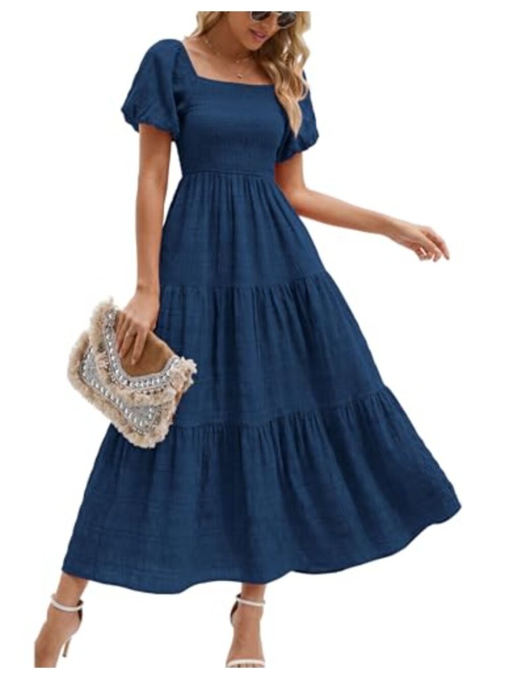 A-Line Maxi Dress with Puff Short Sleeves and Square Neck